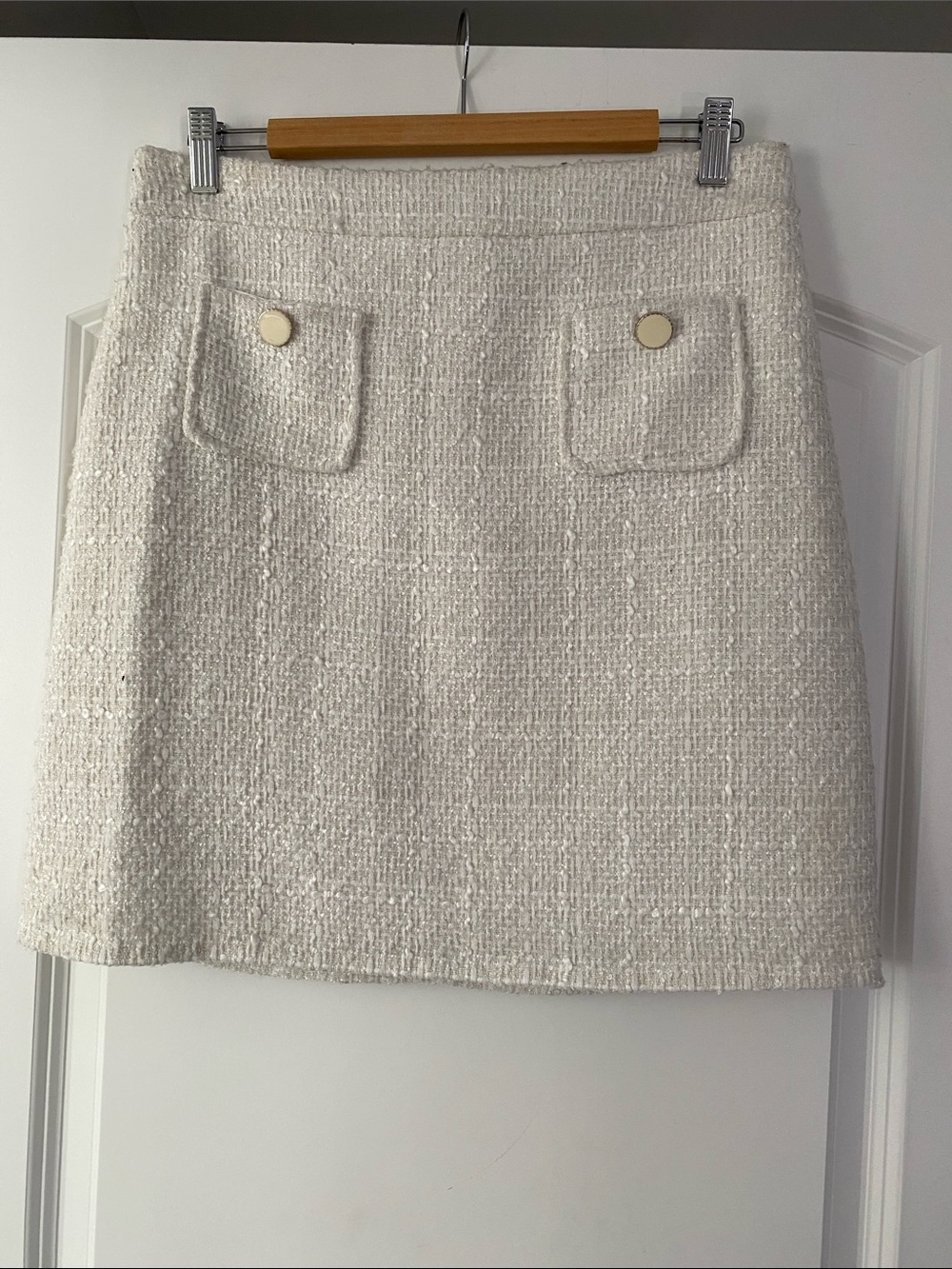 Cute Cream Bouclé Mini Skirt with Pocket Buttons